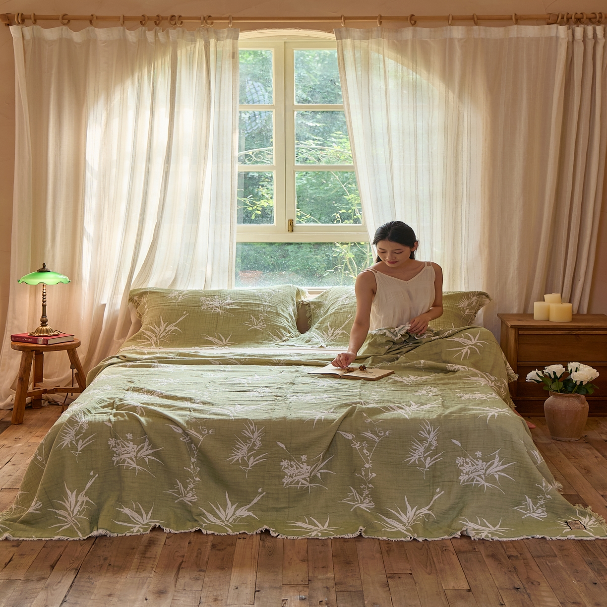 91家纺网 家纺一手货源 找家纺 沐瑟家纺 2025新款四层纱布全棉流苏毯子纱布床盖毛巾被纯棉棉纱夏凉被午睡盖毯 清叶
