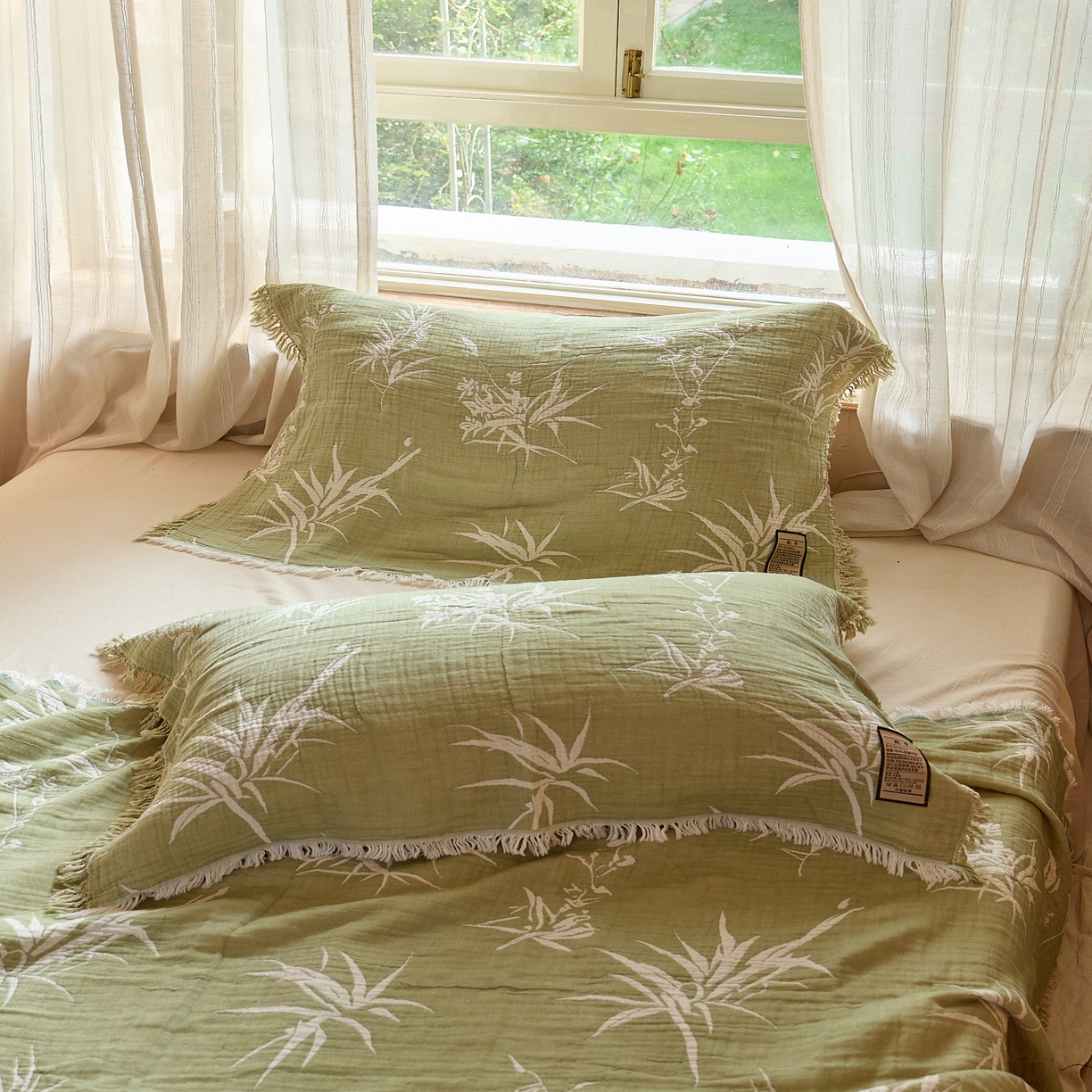 91家纺网 家纺一手货源 找家纺 沐瑟家纺 2025新款四层纱布全棉流苏毯子纱布床盖毛巾被纯棉棉纱夏凉被午睡盖毯 清叶