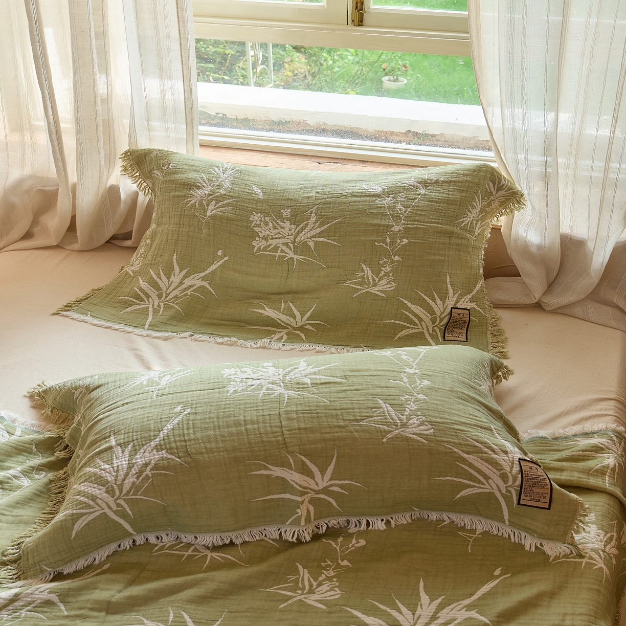 91家纺网 家纺一手货源 找家纺 沐瑟家纺 2025新款四层纱布全棉流苏毯子纱布床盖毛巾被纯棉棉纱夏凉被午睡盖毯 清叶