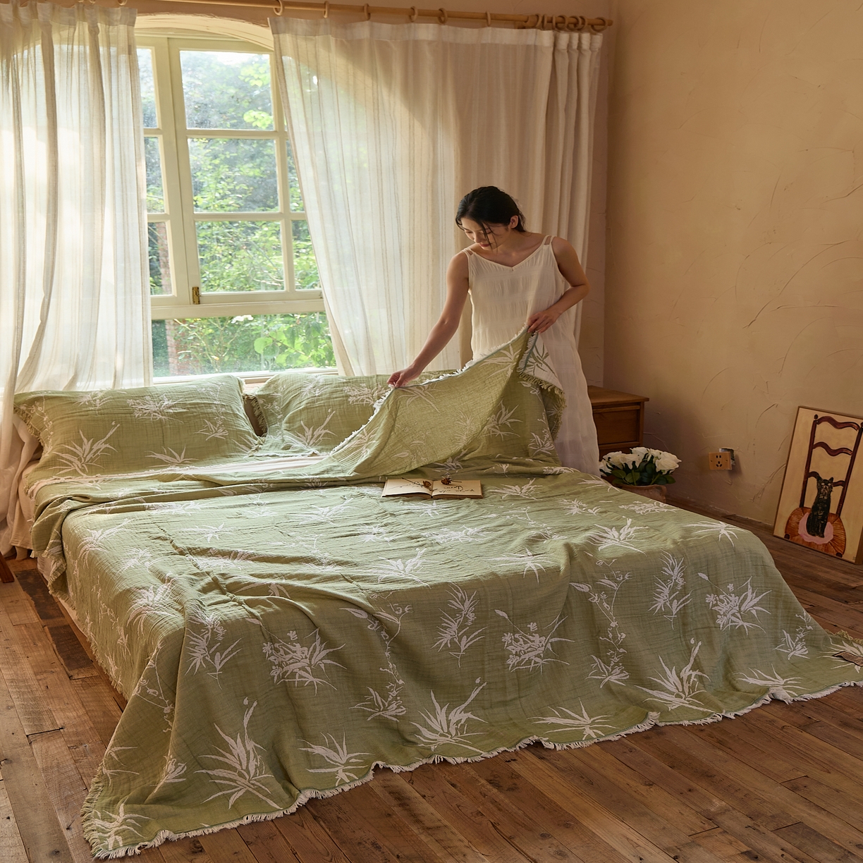 91家纺网 家纺一手货源 找家纺 沐瑟家纺 2025新款四层纱布全棉流苏毯子纱布床盖毛巾被纯棉棉纱夏凉被午睡盖毯 清叶