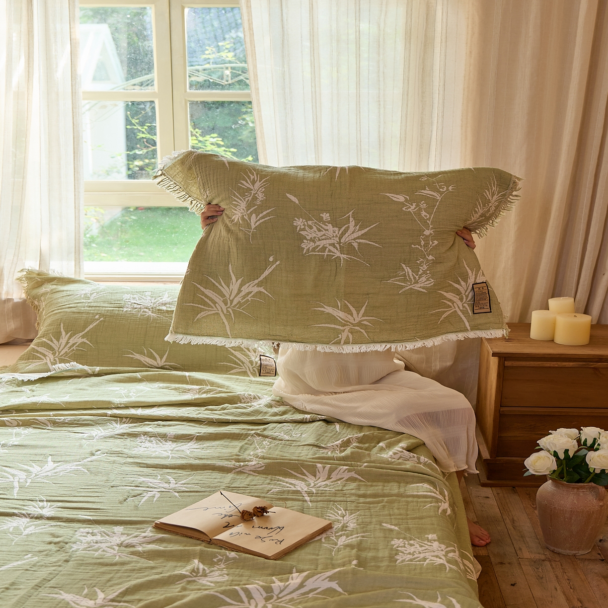 91家纺网 家纺一手货源 找家纺 沐瑟家纺 2025新款四层纱布全棉流苏毯子纱布床盖毛巾被纯棉棉纱夏凉被午睡盖毯 清叶