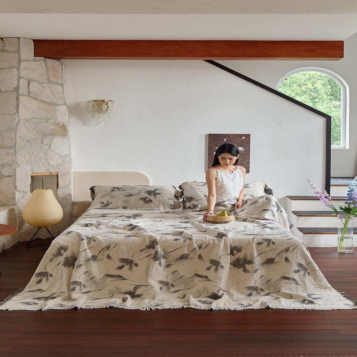 91家纺网 家纺一手货源 找家纺 沐瑟家纺 2025新款四层纱布全棉流苏毯子纱布床盖毛巾被纯棉棉纱夏凉被午睡盖毯 水墨花