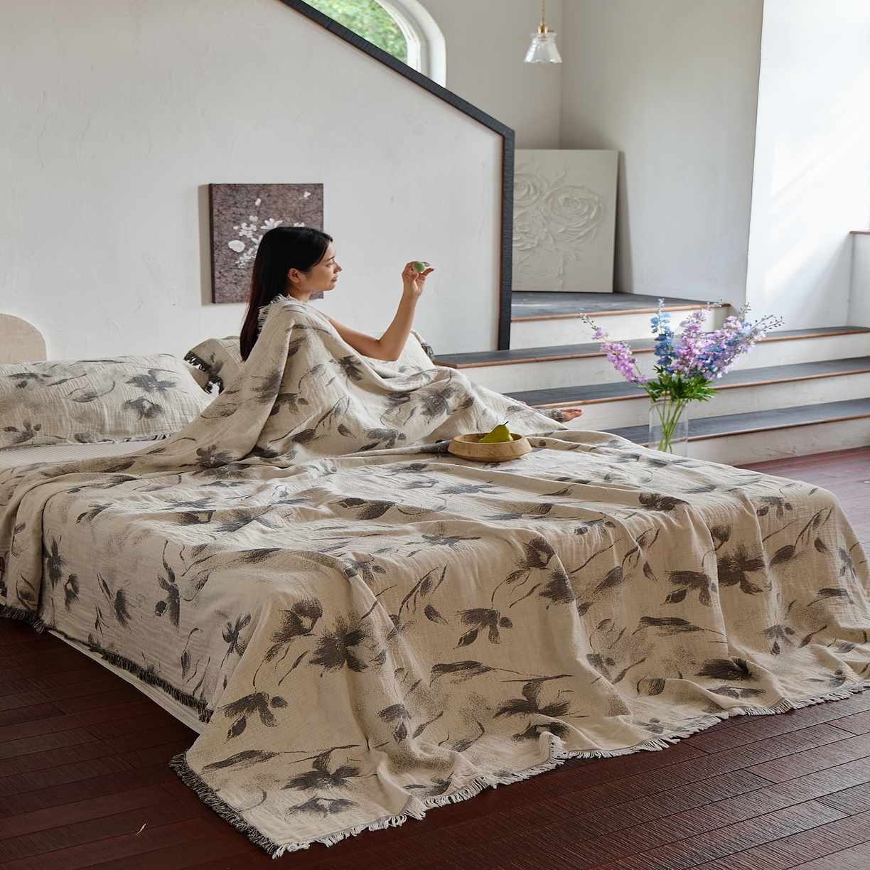 91家纺网 家纺一手货源 找家纺 沐瑟家纺 2025新款四层纱布全棉流苏毯子纱布床盖毛巾被纯棉棉纱夏凉被午睡盖毯 水墨花