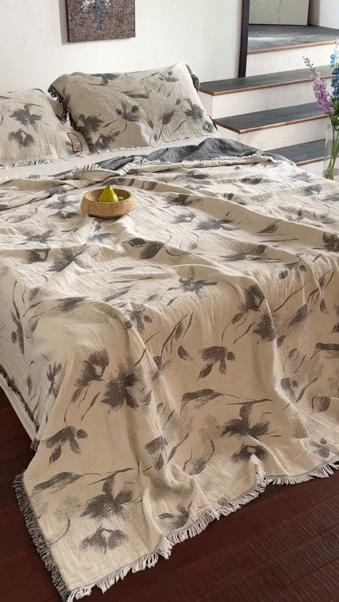91家纺网 家纺一手货源 找家纺 沐瑟家纺 2025新款四层纱布全棉流苏毯子纱布床盖毛巾被纯棉棉纱夏凉被午睡盖毯 水墨花