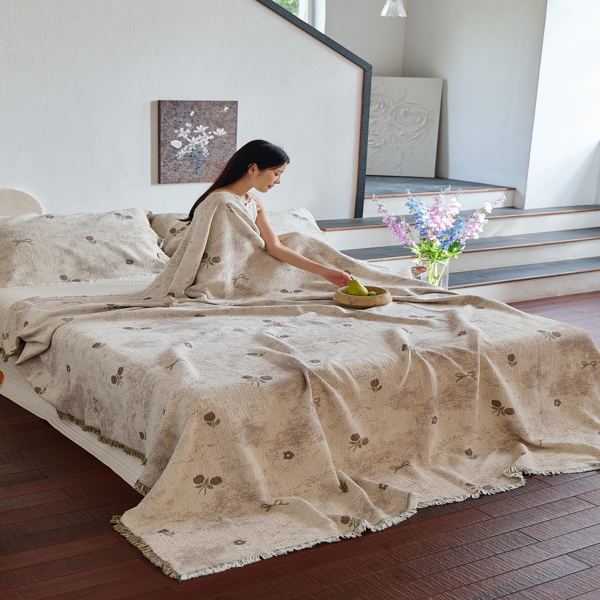 91家纺网 家纺一手货源 找家纺 沐瑟家纺 2025新款四层纱布全棉流苏毯子纱布床盖毛巾被纯棉棉纱夏凉被午睡盖毯 微禾