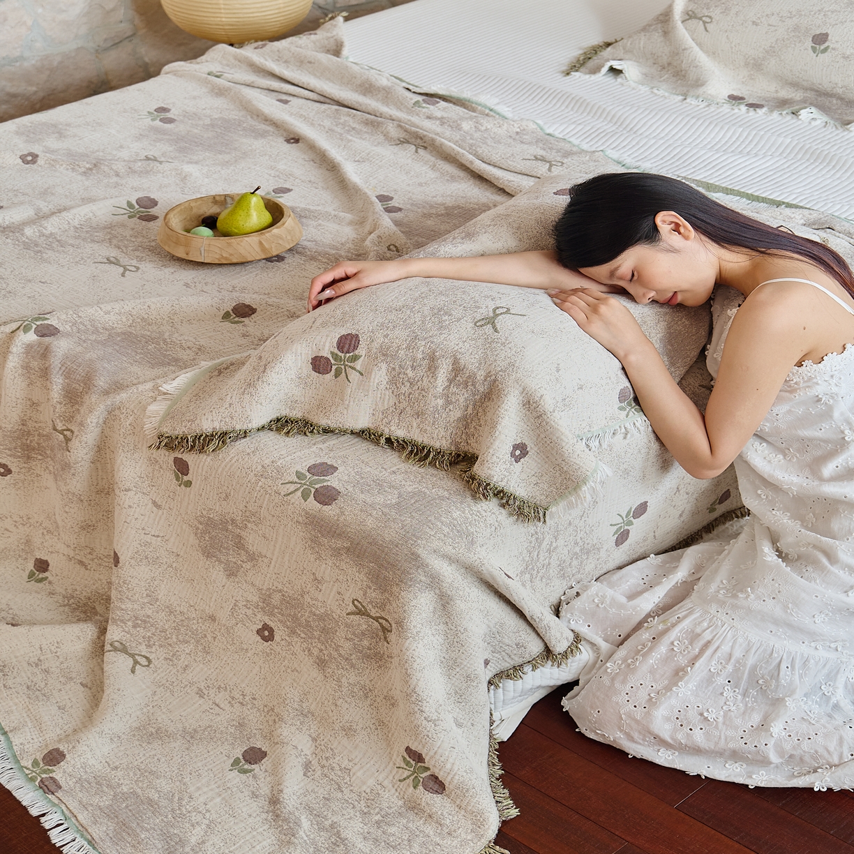 91家纺网 家纺一手货源 找家纺 沐瑟家纺 2025新款四层纱布全棉流苏毯子纱布床盖毛巾被纯棉棉纱夏凉被午睡盖毯 微禾