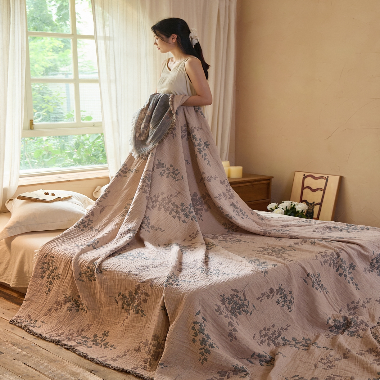 91家纺网 家纺一手货源 找家纺 沐瑟家纺 2025新款四层纱布全棉流苏毯子纱布床盖毛巾被纯棉棉纱夏凉被午睡盖毯 雾屿