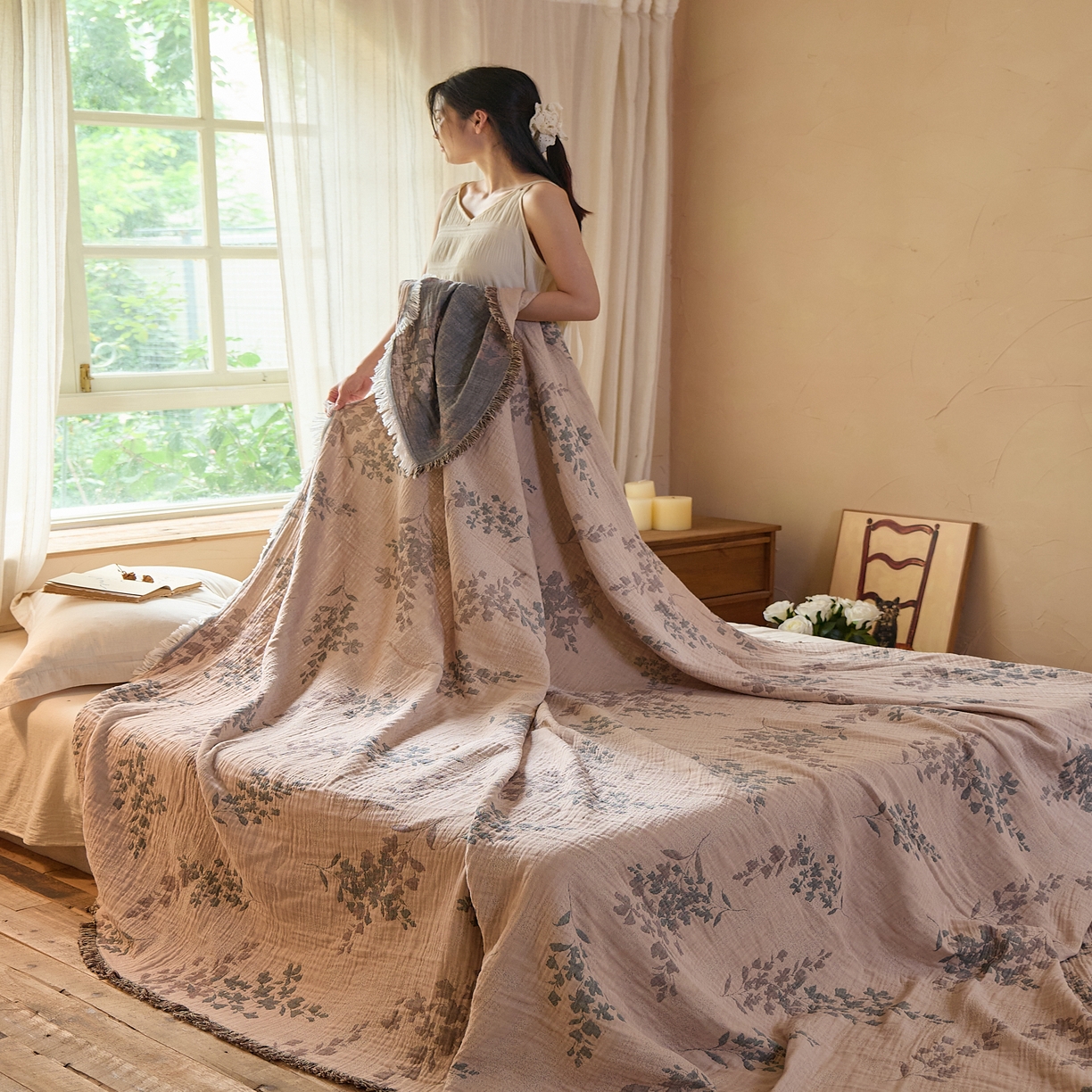 91家纺网 家纺一手货源 找家纺 沐瑟家纺 2025新款四层纱布全棉流苏毯子纱布床盖毛巾被纯棉棉纱夏凉被午睡盖毯 雾屿