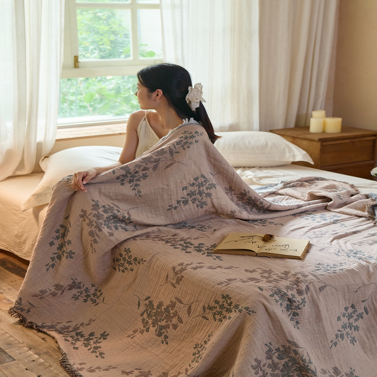 91家纺网 家纺一手货源 找家纺 沐瑟家纺 2025新款四层纱布全棉流苏毯子纱布床盖毛巾被纯棉棉纱夏凉被午睡盖毯 雾屿