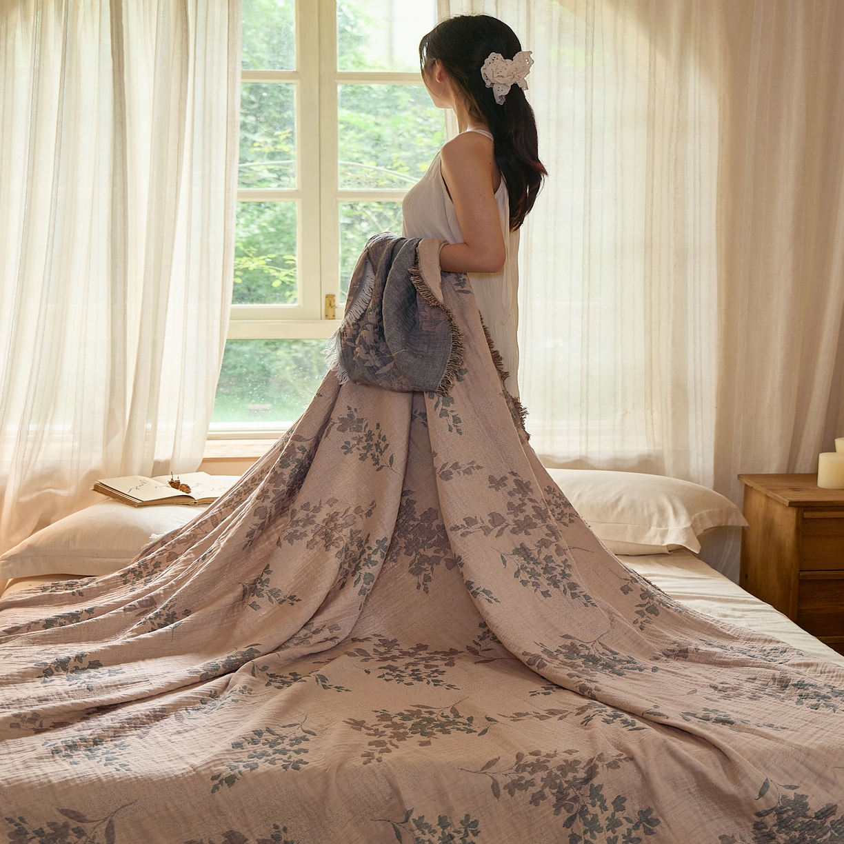 91家纺网 家纺一手货源 找家纺 沐瑟家纺 2025新款四层纱布全棉流苏毯子纱布床盖毛巾被纯棉棉纱夏凉被午睡盖毯 雾屿