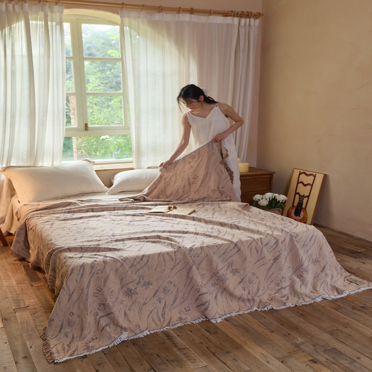 91家纺网 家纺一手货源 找家纺 沐瑟家纺 2025新款四层纱布全棉流苏毯子纱布床盖毛巾被纯棉棉纱夏凉被午睡盖毯 砚秋