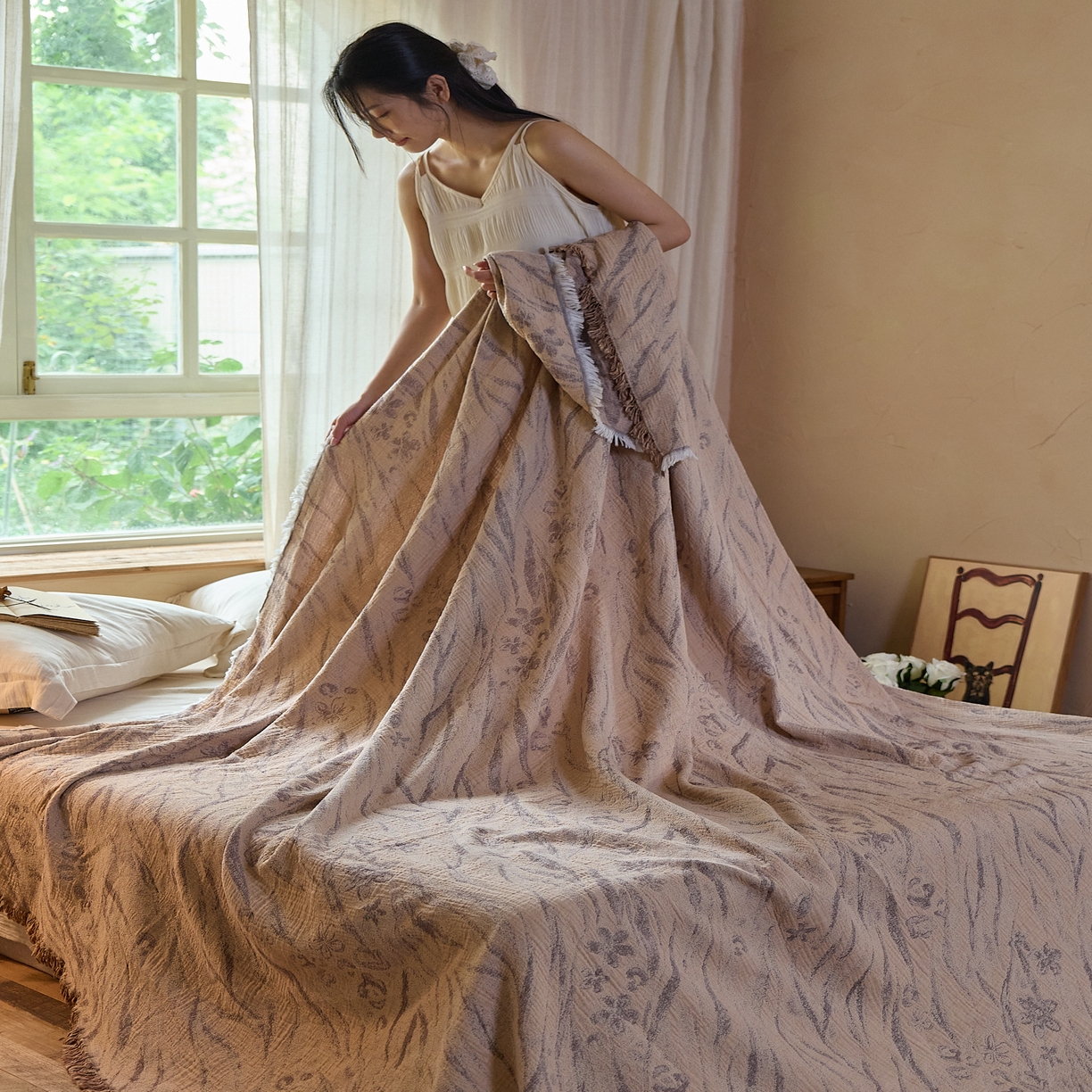 91家纺网 家纺一手货源 找家纺 沐瑟家纺 2025新款四层纱布全棉流苏毯子纱布床盖毛巾被纯棉棉纱夏凉被午睡盖毯 砚秋