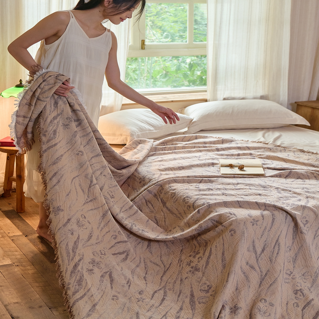 91家纺网 家纺一手货源 找家纺 沐瑟家纺 2025新款四层纱布全棉流苏毯子纱布床盖毛巾被纯棉棉纱夏凉被午睡盖毯 砚秋