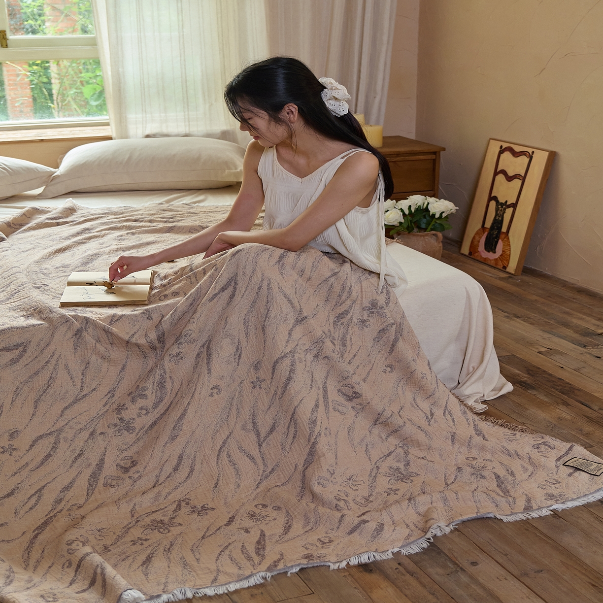 91家纺网 家纺一手货源 找家纺 沐瑟家纺 2025新款四层纱布全棉流苏毯子纱布床盖毛巾被纯棉棉纱夏凉被午睡盖毯 砚秋