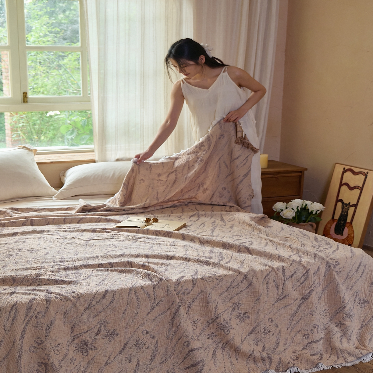 91家纺网 家纺一手货源 找家纺 沐瑟家纺 2025新款四层纱布全棉流苏毯子纱布床盖毛巾被纯棉棉纱夏凉被午睡盖毯 砚秋