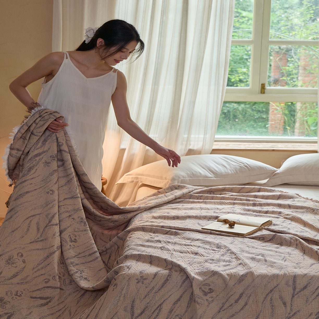 91家纺网 家纺一手货源 找家纺 沐瑟家纺 2025新款四层纱布全棉流苏毯子纱布床盖毛巾被纯棉棉纱夏凉被午睡盖毯 砚秋