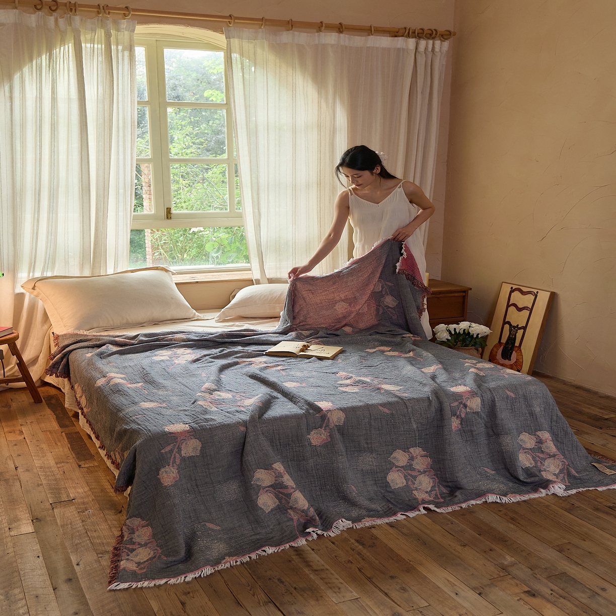 91家纺网 家纺一手货源 找家纺 沐瑟家纺 2025新款四层纱布全棉流苏毯子纱布床盖毛巾被纯棉棉纱夏凉被午睡盖毯 亦玫