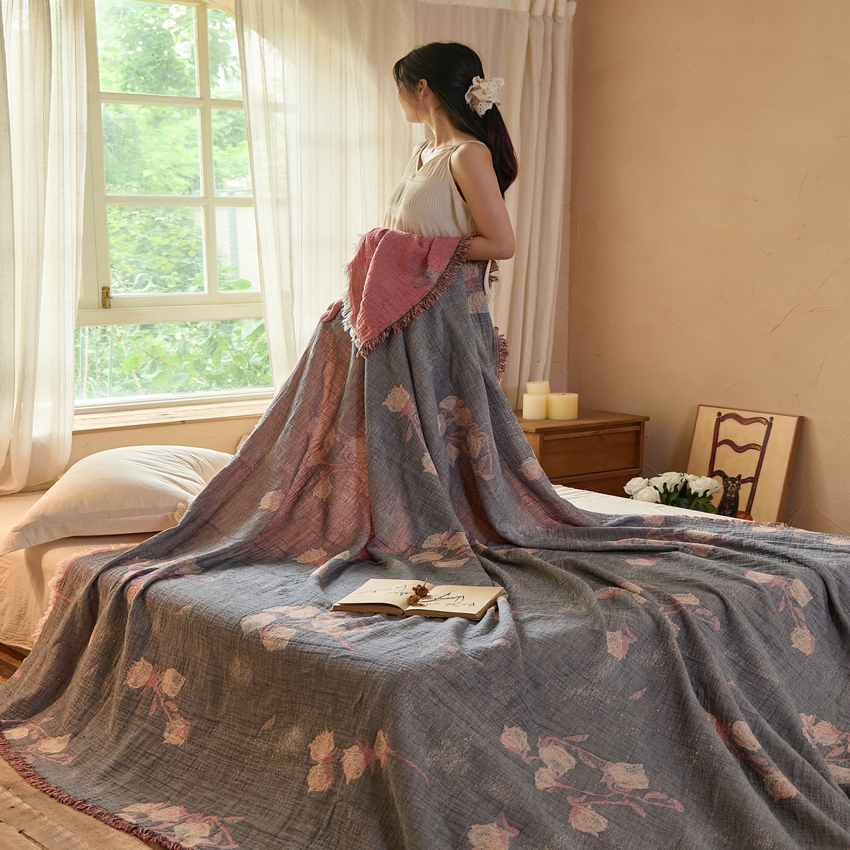 91家纺网 家纺一手货源 找家纺 沐瑟家纺 2025新款四层纱布全棉流苏毯子纱布床盖毛巾被纯棉棉纱夏凉被午睡盖毯 亦玫