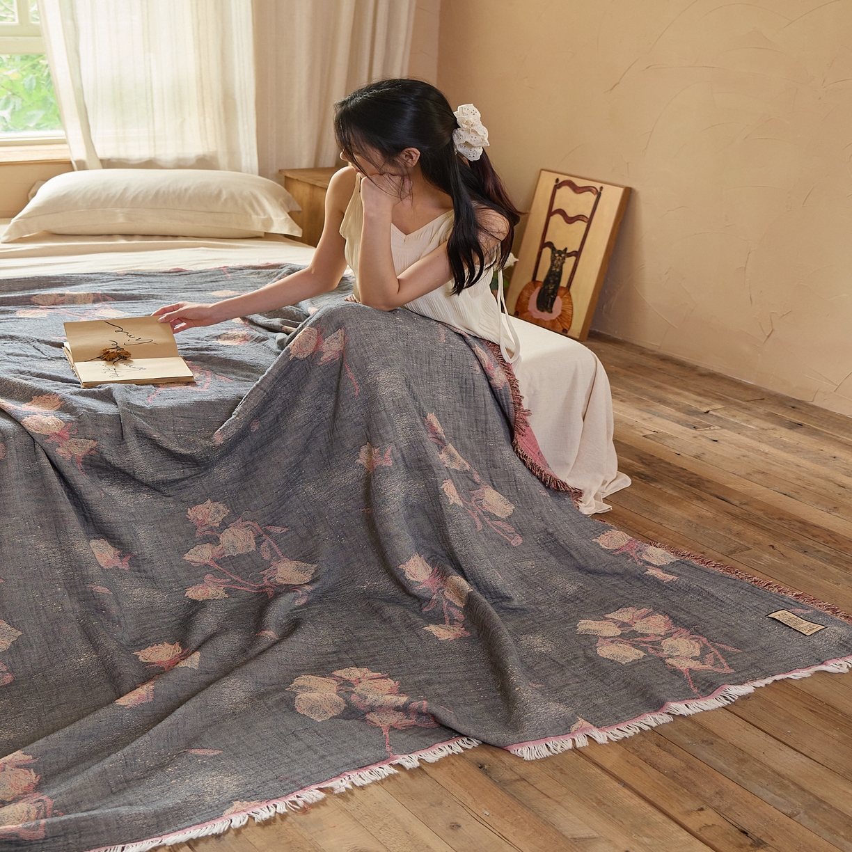 91家纺网 家纺一手货源 找家纺 沐瑟家纺 2025新款四层纱布全棉流苏毯子纱布床盖毛巾被纯棉棉纱夏凉被午睡盖毯 亦玫