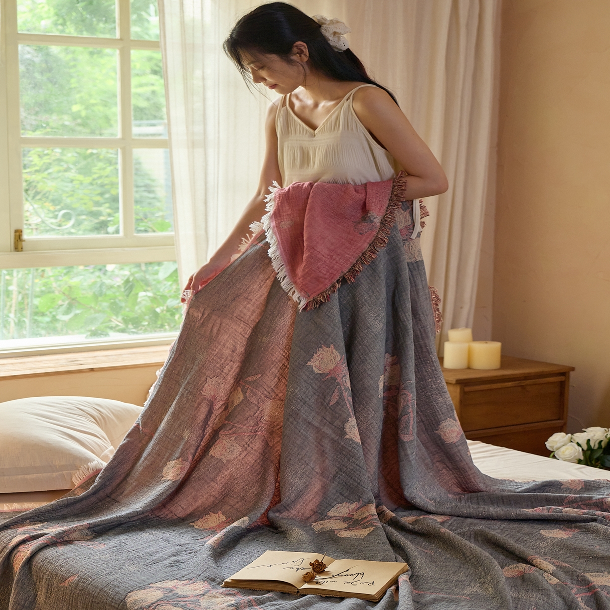 91家纺网 家纺一手货源 找家纺 沐瑟家纺 2025新款四层纱布全棉流苏毯子纱布床盖毛巾被纯棉棉纱夏凉被午睡盖毯 亦玫