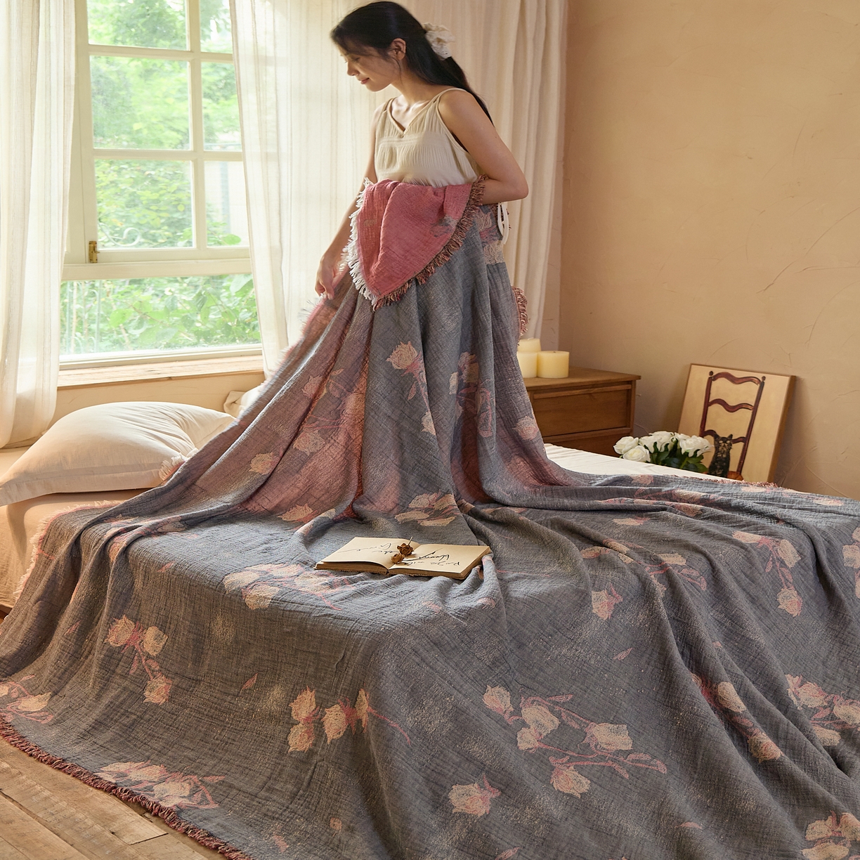 91家纺网 家纺一手货源 找家纺 沐瑟家纺 2025新款四层纱布全棉流苏毯子纱布床盖毛巾被纯棉棉纱夏凉被午睡盖毯 亦玫