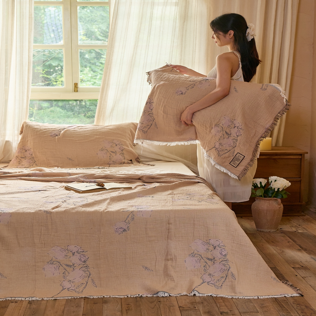 91家纺网 家纺一手货源 找家纺 沐瑟家纺 2025新款四层纱布全棉流苏毯子纱布床盖毛巾被纯棉棉纱夏凉被午睡盖毯 沅蔓