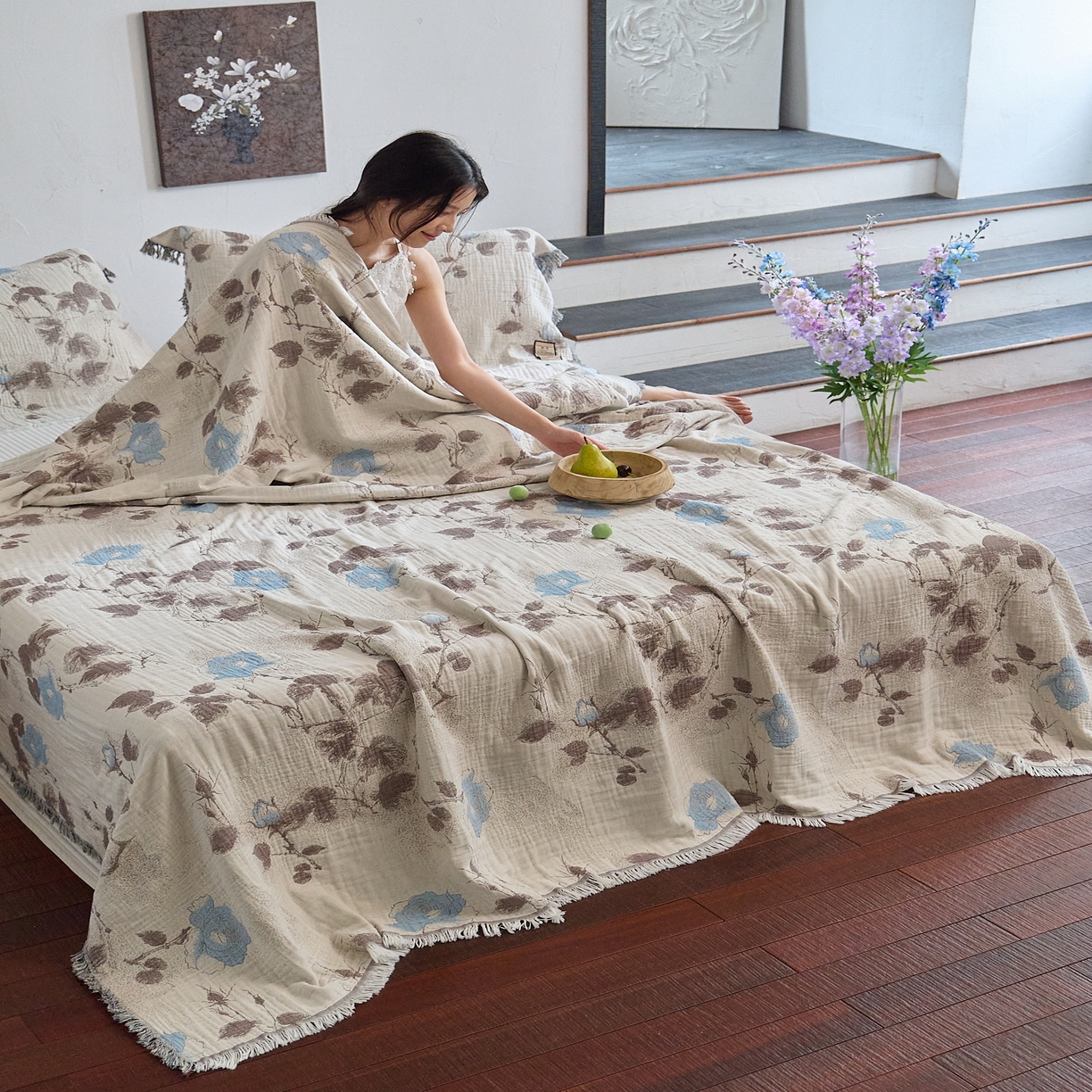 91家纺网 家纺一手货源 找家纺 沐瑟家纺 2025新款四层纱布全棉流苏毯子纱布床盖毛巾被纯棉棉纱夏凉被午睡盖毯 枝蘭