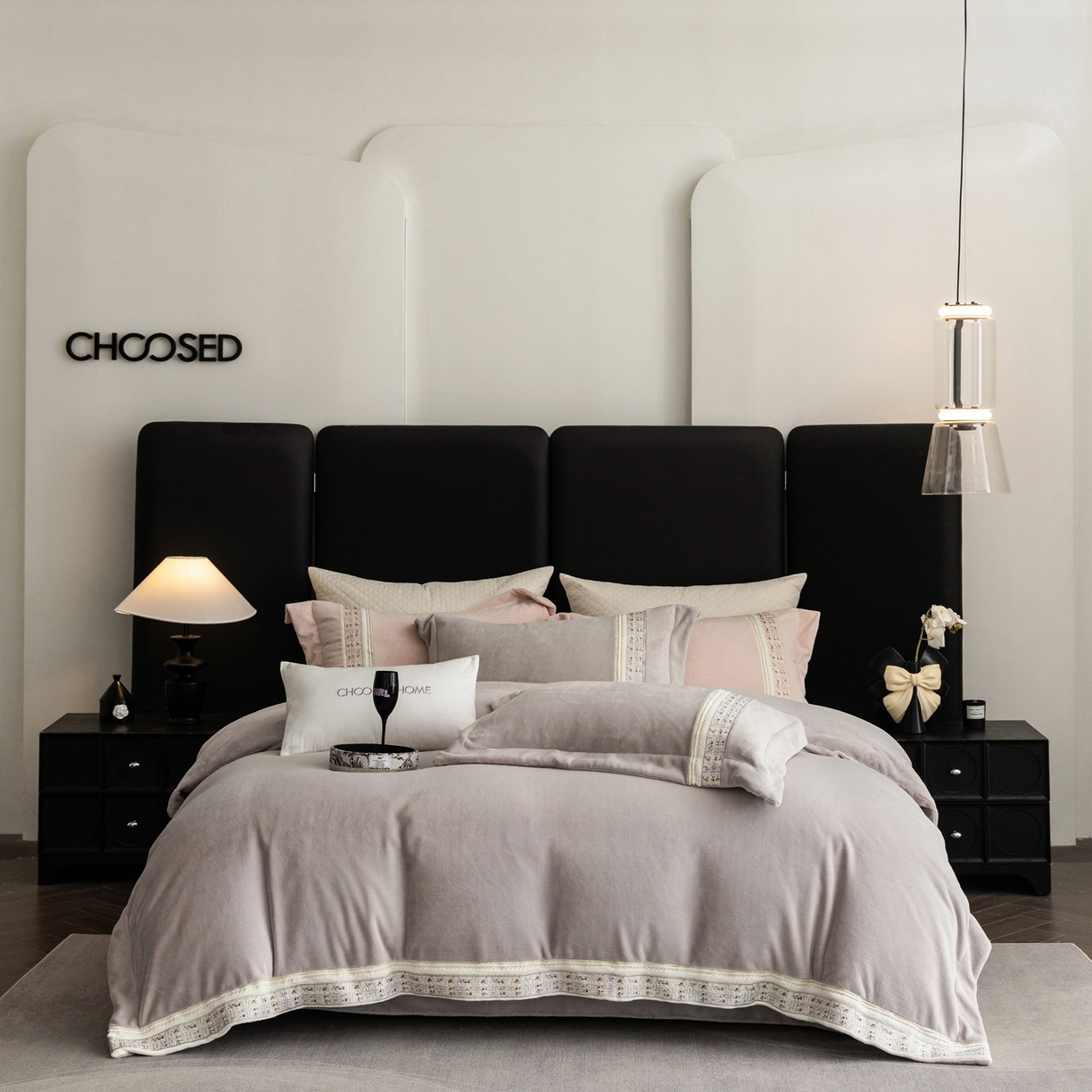 91家纺网 家纺一手货源 找家纺 初拾 2025新款230g牛奶绒“小香风”四件套—星河小香 星河小香-奥黛丽灰