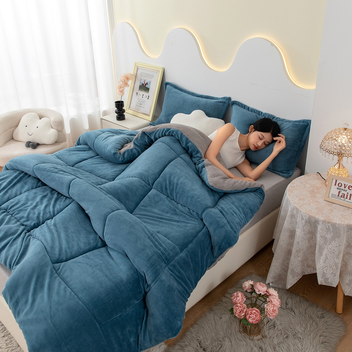 91家纺网 家纺一手货源 找家纺 （总）悦织湾家纺 2025暖绒冬季被子A面雪花绒牛奶绒塔芙绒B面羊羔绒加厚速暖2025新款跨境出口外贸电商热销款可定做