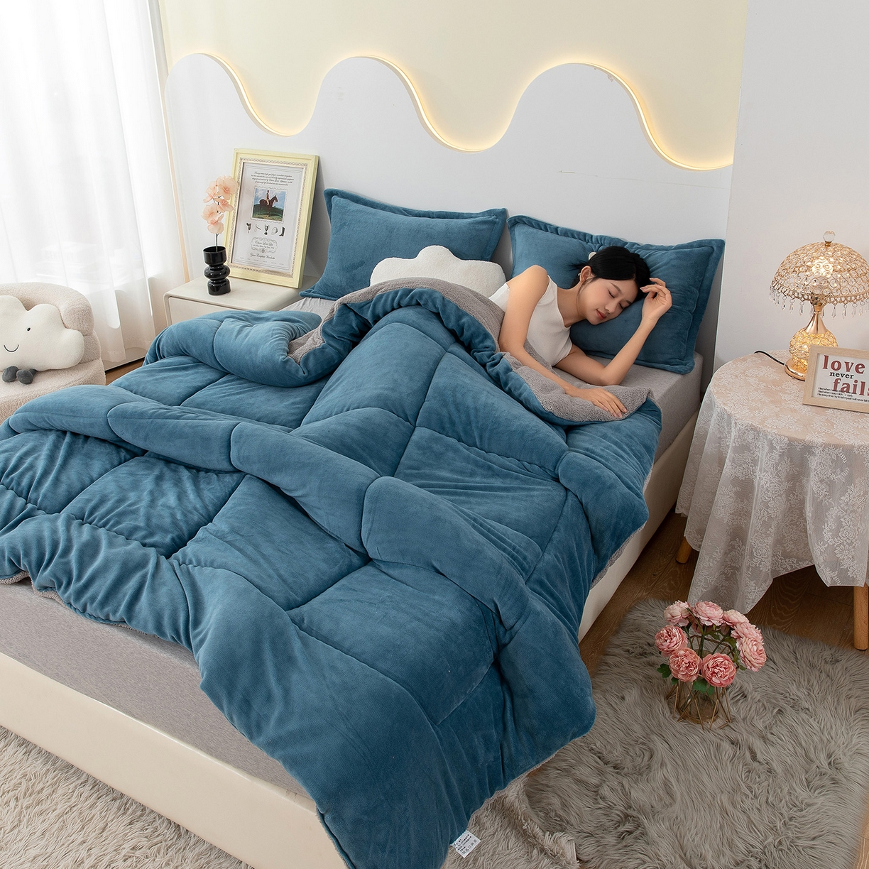 91家纺网 家纺一手货源 找家纺 （总）悦织湾家纺 2025暖绒冬季被子A面雪花绒牛奶绒塔芙绒B面羊羔绒加厚速暖2025新款跨境出口外贸电商热销款可定做