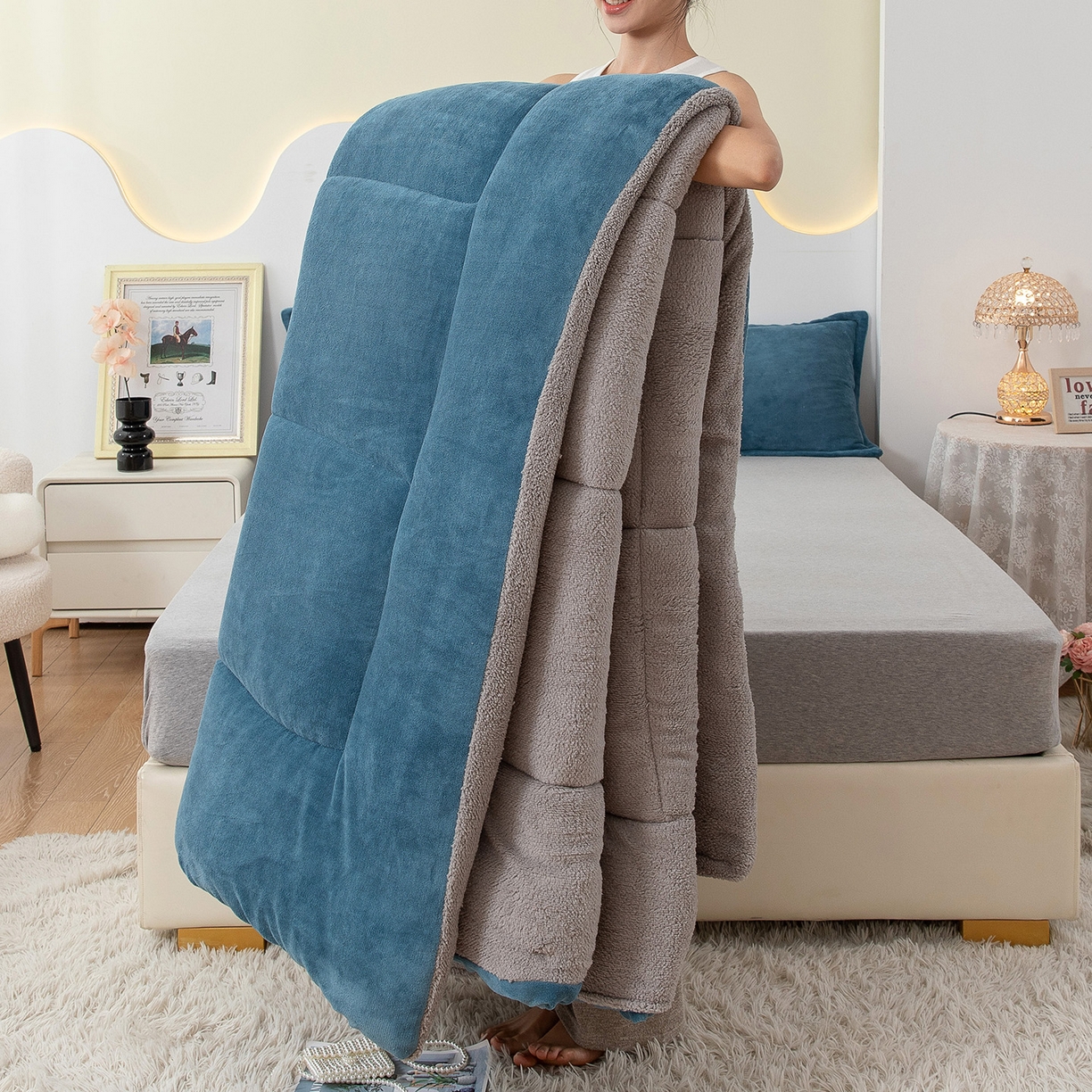 91家纺网 家纺一手货源 找家纺 （总）悦织湾家纺 2025暖绒冬季被子A面雪花绒牛奶绒塔芙绒B面羊羔绒加厚速暖2025新款跨境出口外贸电商热销款可定做