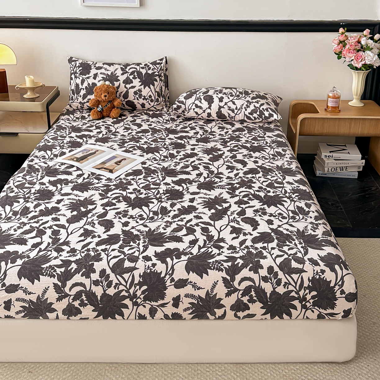 91家纺网 家纺一手货源 找家纺 梦嘉居 2025新款加厚亚麻皱皱纱床笠单床笠枕套床笠单品 扶桑花