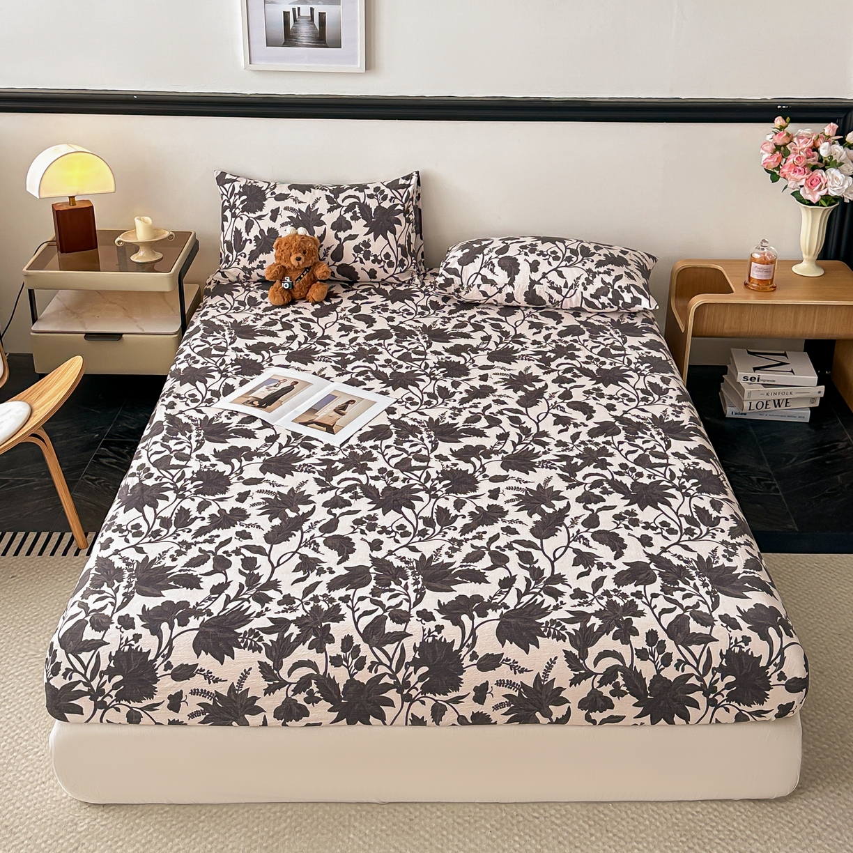 91家纺网 家纺一手货源 找家纺 梦嘉居 2025新款加厚亚麻皱皱纱床笠单床笠枕套床笠单品 扶桑花