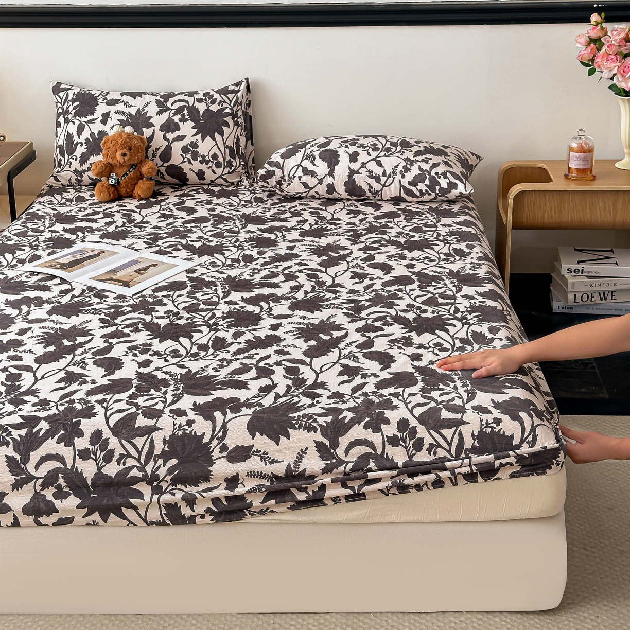 91家纺网 家纺一手货源 找家纺 梦嘉居 2025新款加厚亚麻皱皱纱床笠单床笠枕套床笠单品 扶桑花