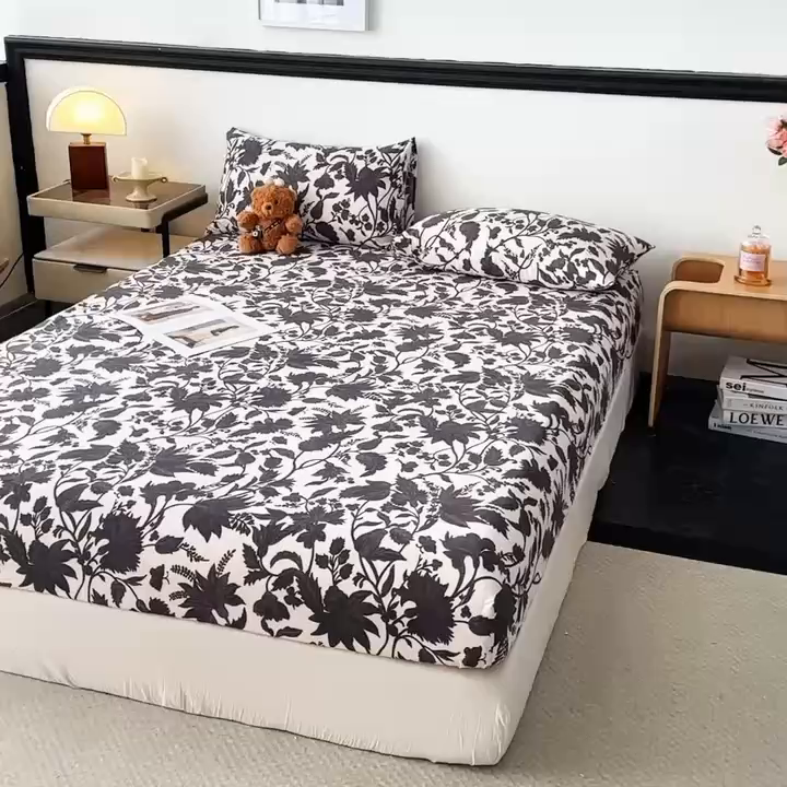 91家纺网 家纺一手货源 找家纺 梦嘉居 2025新款加厚亚麻皱皱纱床笠单床笠枕套床笠单品 扶桑花