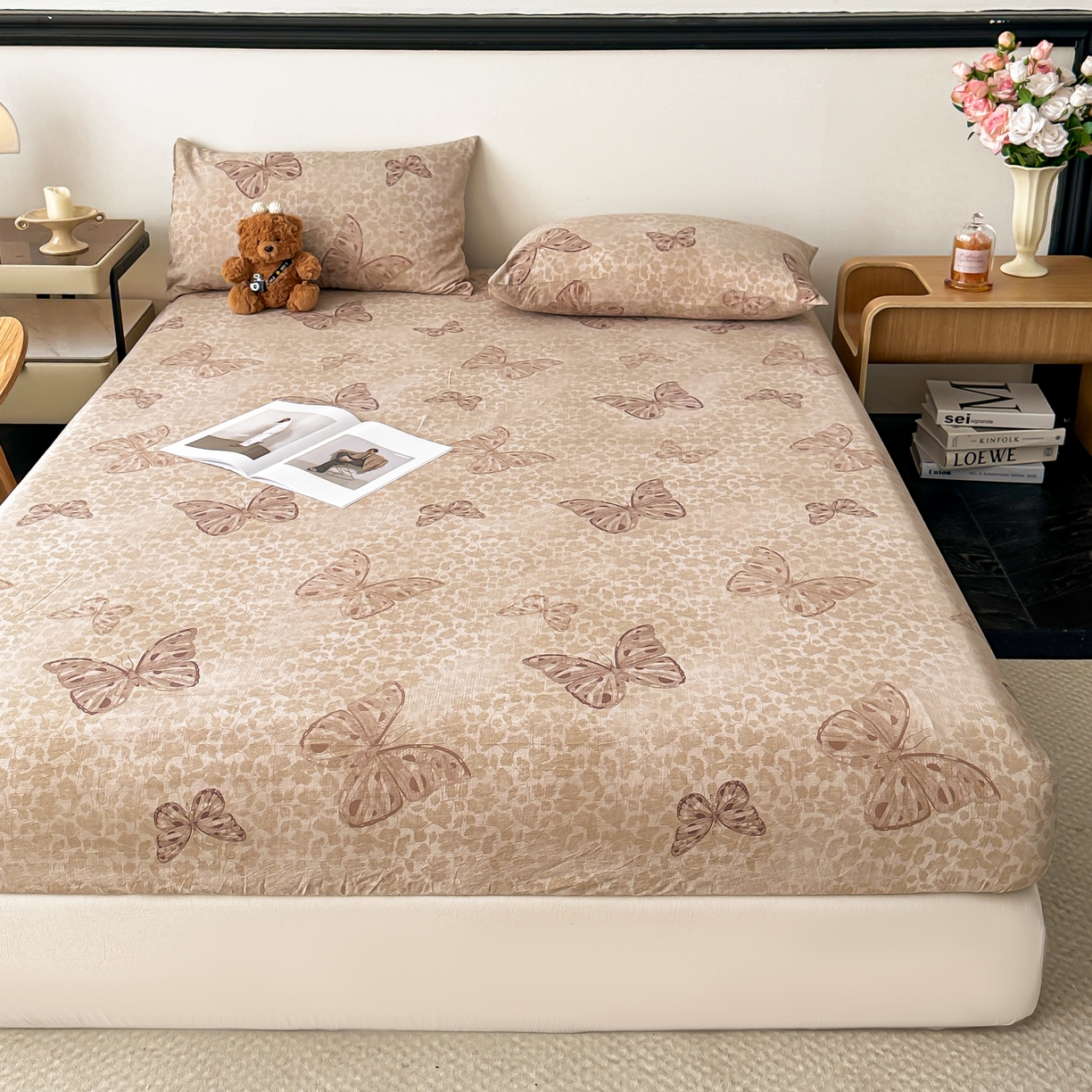 91家纺网 家纺一手货源 找家纺 梦嘉居 2025新款加厚亚麻皱皱纱床笠单床笠枕套床笠单品 蝶恋花