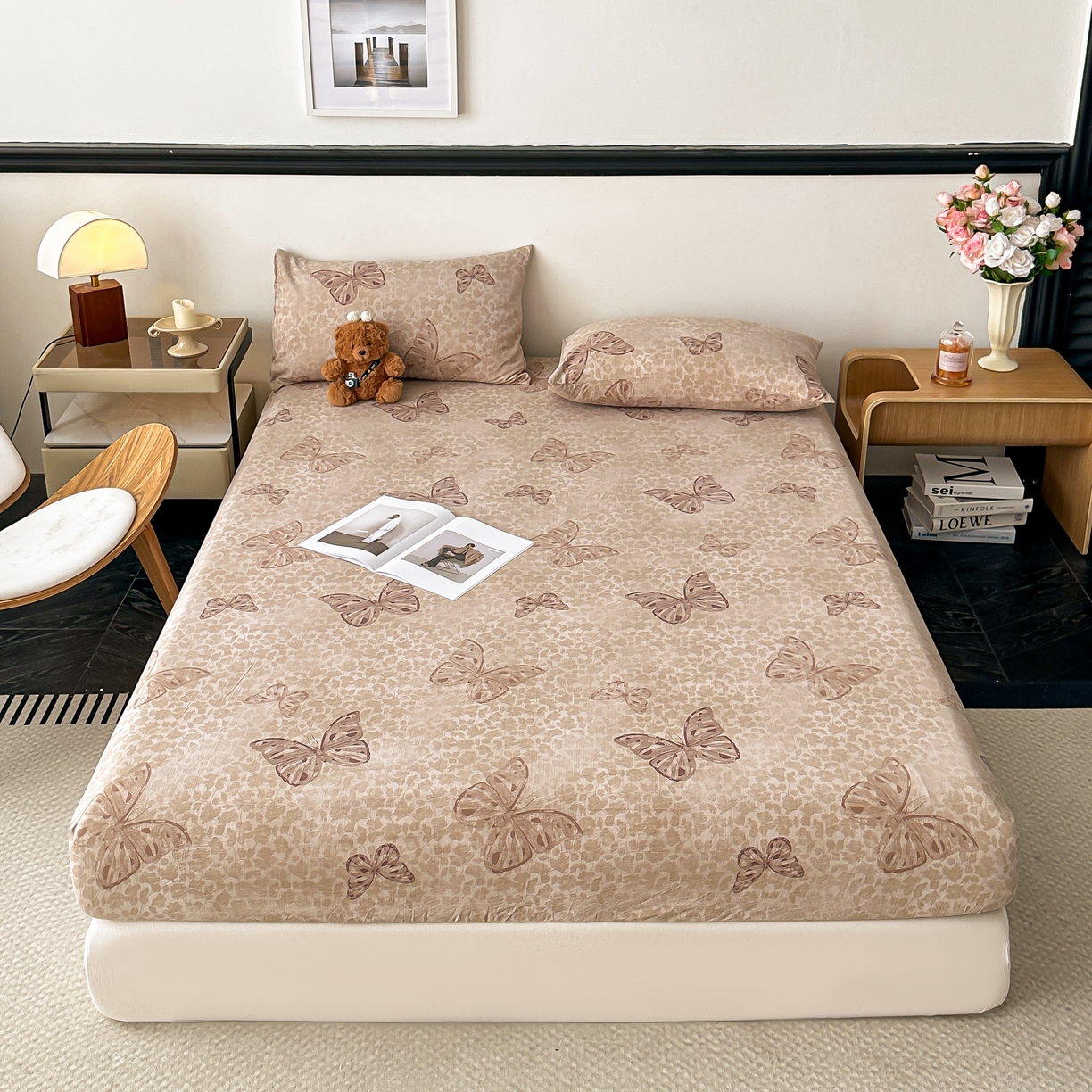 91家纺网 家纺一手货源 找家纺 梦嘉居 2025新款加厚亚麻皱皱纱床笠单床笠枕套床笠单品 蝶恋花