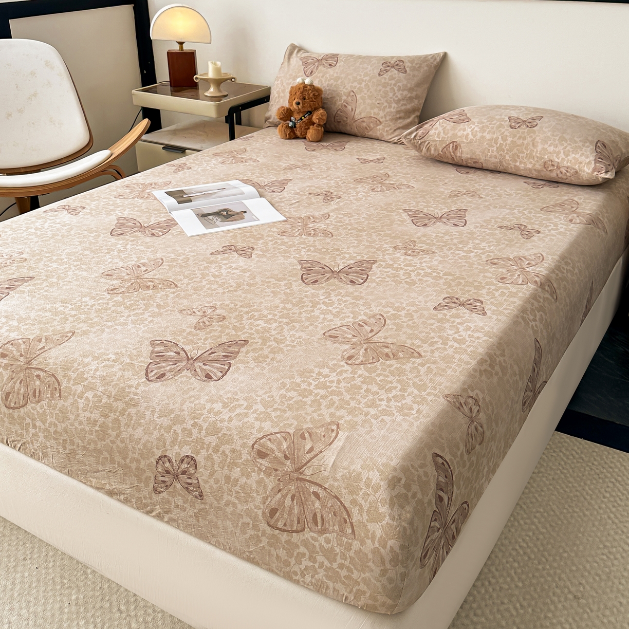 梦嘉居 2025新款加厚亚麻皱皱纱床笠单床笠枕套床笠单品 蝶恋花