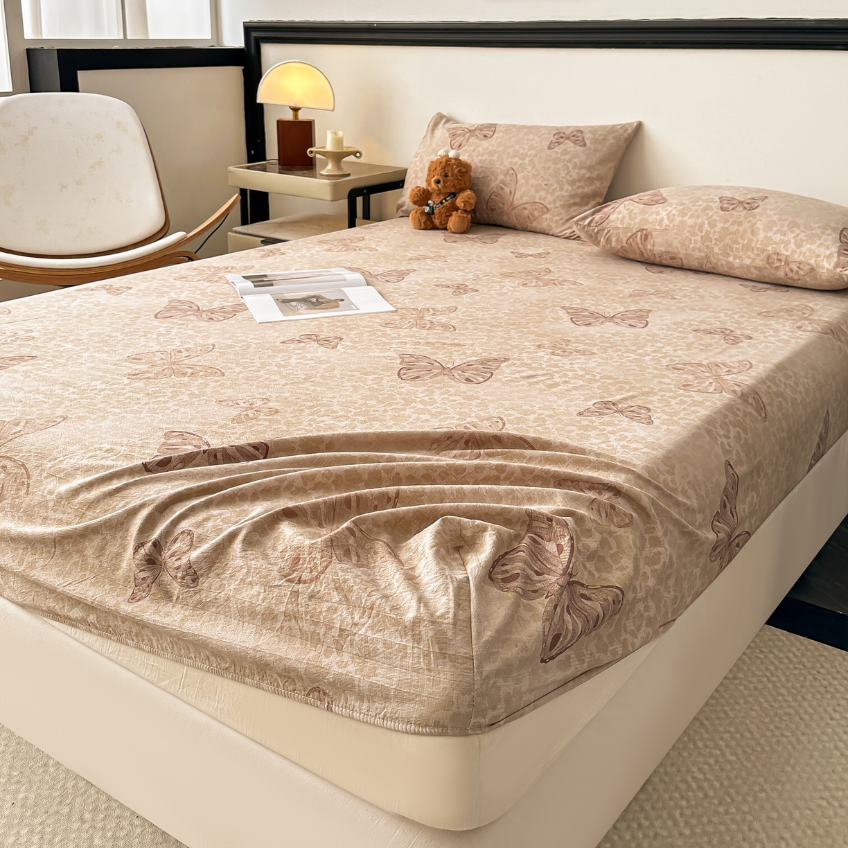 91家纺网 家纺一手货源 找家纺 梦嘉居 2025新款加厚亚麻皱皱纱床笠单床笠枕套床笠单品 蝶恋花