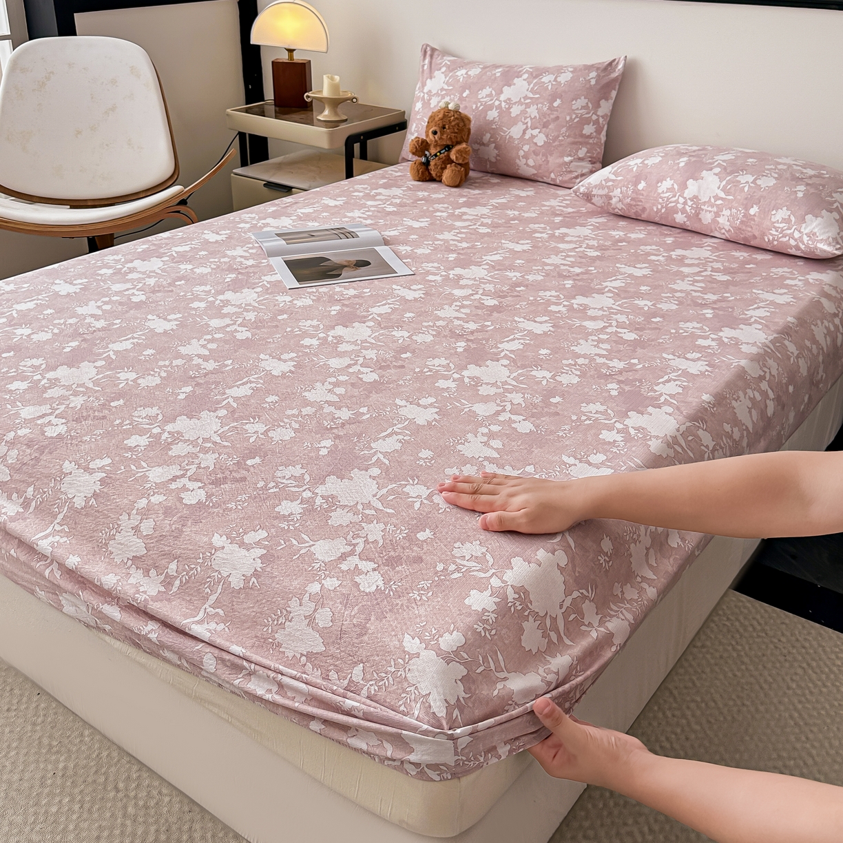 91家纺网 家纺一手货源 找家纺 梦嘉居 2025新款加厚亚麻皱皱纱床笠单床笠枕套床笠单品 风铃草