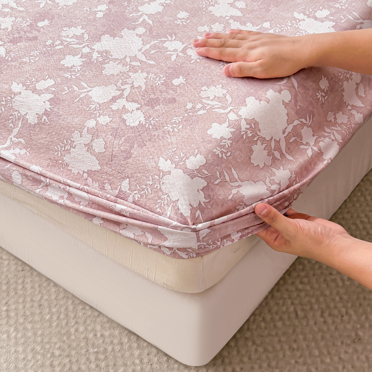 91家纺网 家纺一手货源 找家纺 梦嘉居 2025新款加厚亚麻皱皱纱床笠单床笠枕套床笠单品 风铃草