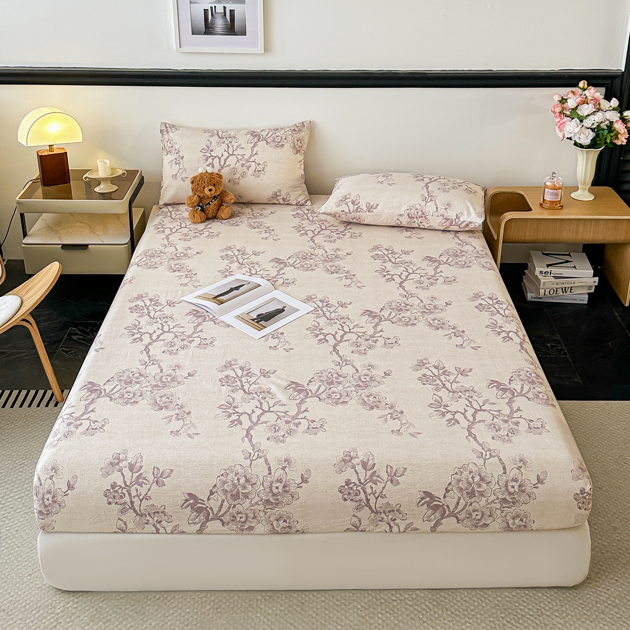 91家纺网 家纺一手货源 找家纺 梦嘉居 2025新款加厚亚麻皱皱纱床笠单床笠枕套床笠单品 花之语