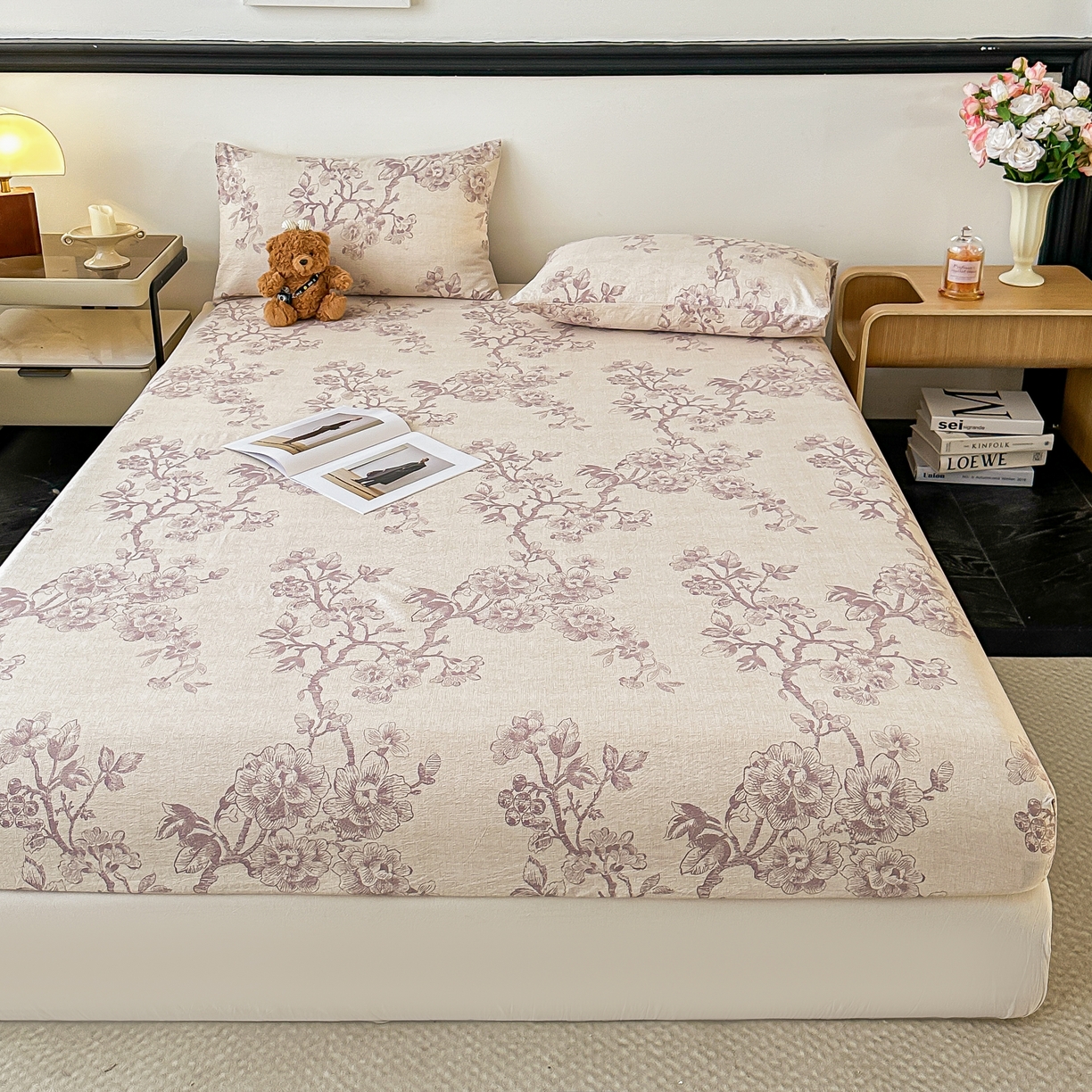 91家纺网 家纺一手货源 找家纺 梦嘉居 2025新款加厚亚麻皱皱纱床笠单床笠枕套床笠单品 花之语