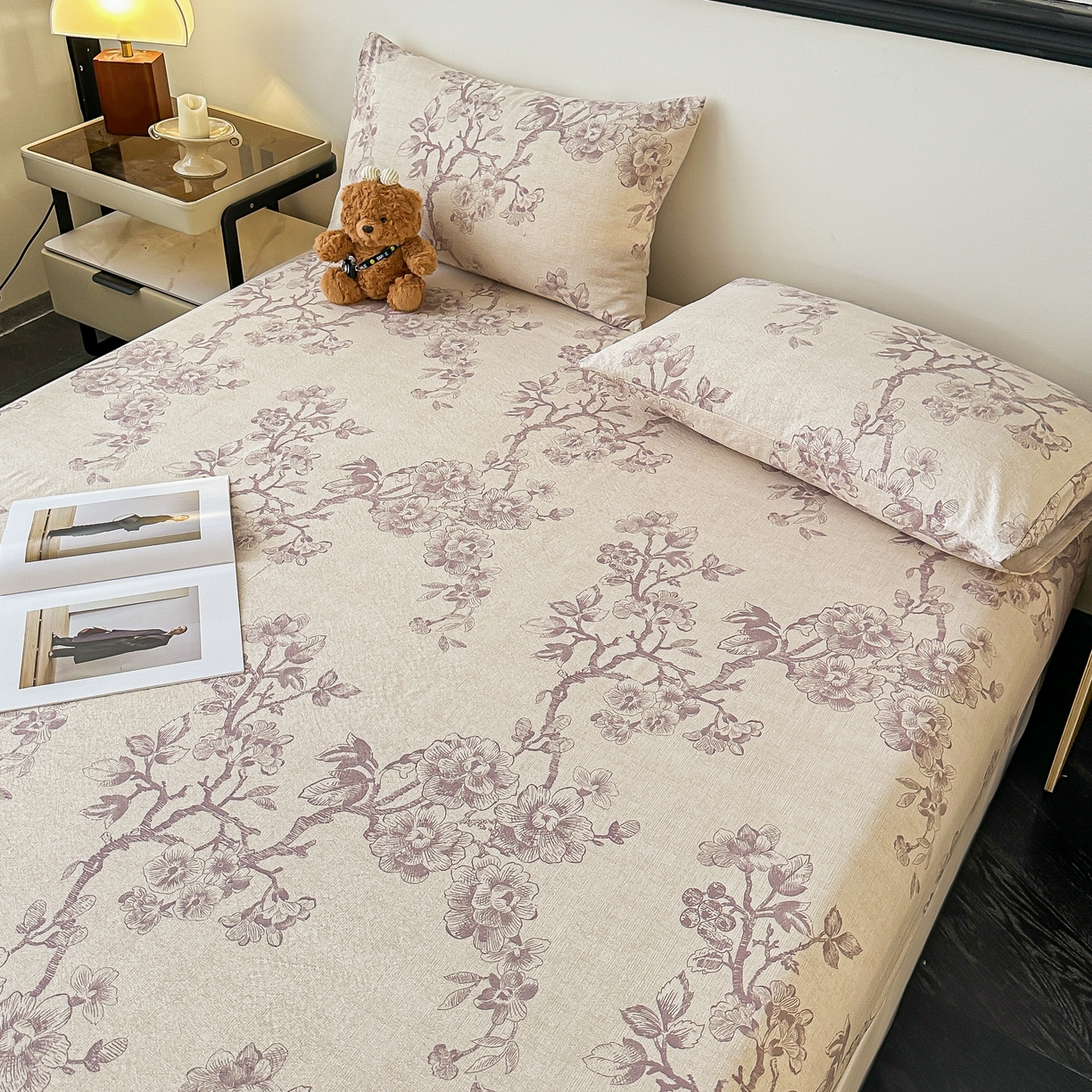 91家纺网 家纺一手货源 找家纺 梦嘉居 2025新款加厚亚麻皱皱纱床笠单床笠枕套床笠单品 花之语