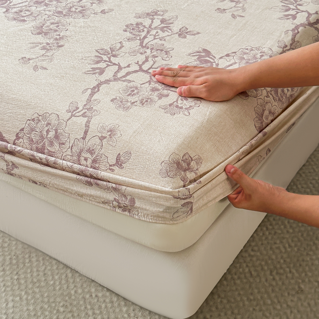 91家纺网 家纺一手货源 找家纺 梦嘉居 2025新款加厚亚麻皱皱纱床笠单床笠枕套床笠单品 花之语