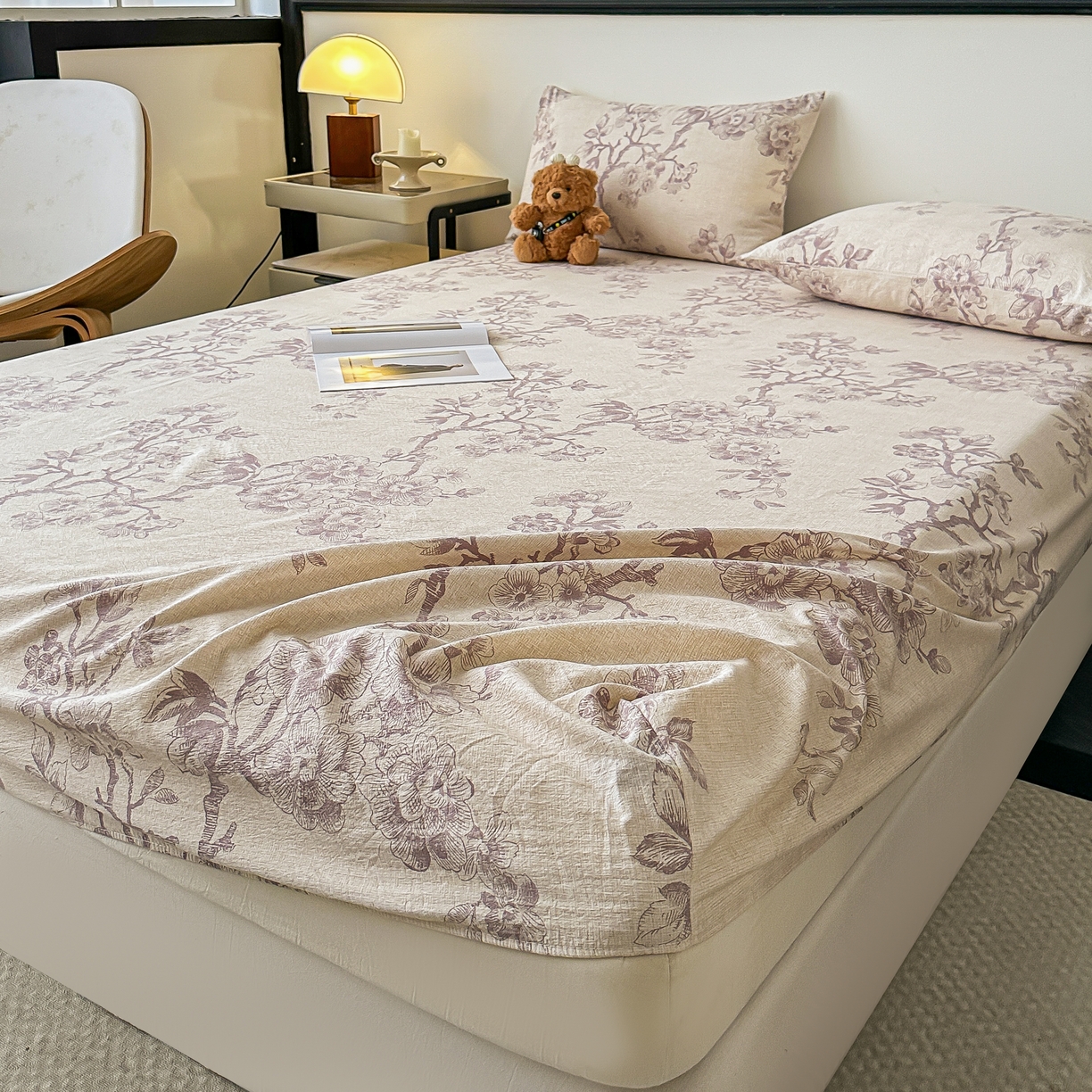 91家纺网 家纺一手货源 找家纺 梦嘉居 2025新款加厚亚麻皱皱纱床笠单床笠枕套床笠单品 花之语