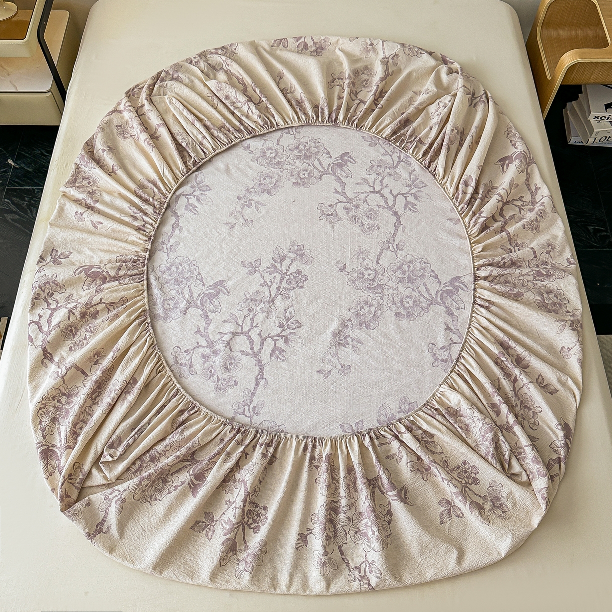 91家纺网 家纺一手货源 找家纺 梦嘉居 2025新款加厚亚麻皱皱纱床笠单床笠枕套床笠单品 花之语