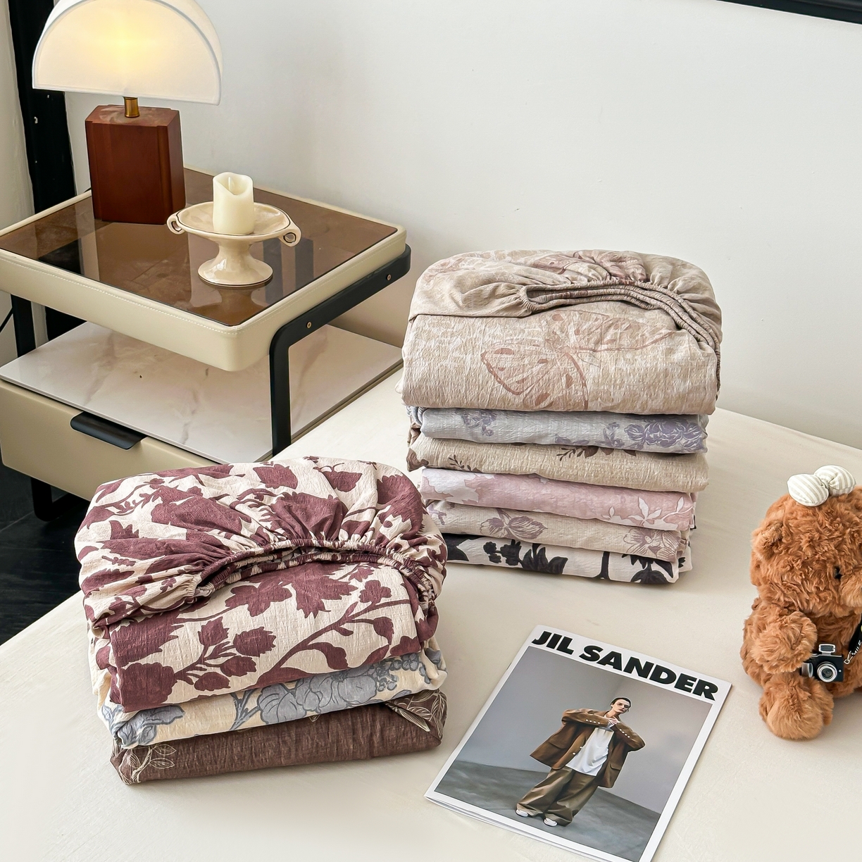 91家纺网 家纺一手货源 找家纺 梦嘉居 2025新款加厚亚麻皱皱纱床笠单床笠枕套床笠单品 花之语