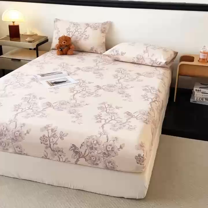 91家纺网 家纺一手货源 找家纺 梦嘉居 2025新款加厚亚麻皱皱纱床笠单床笠枕套床笠单品 花之语