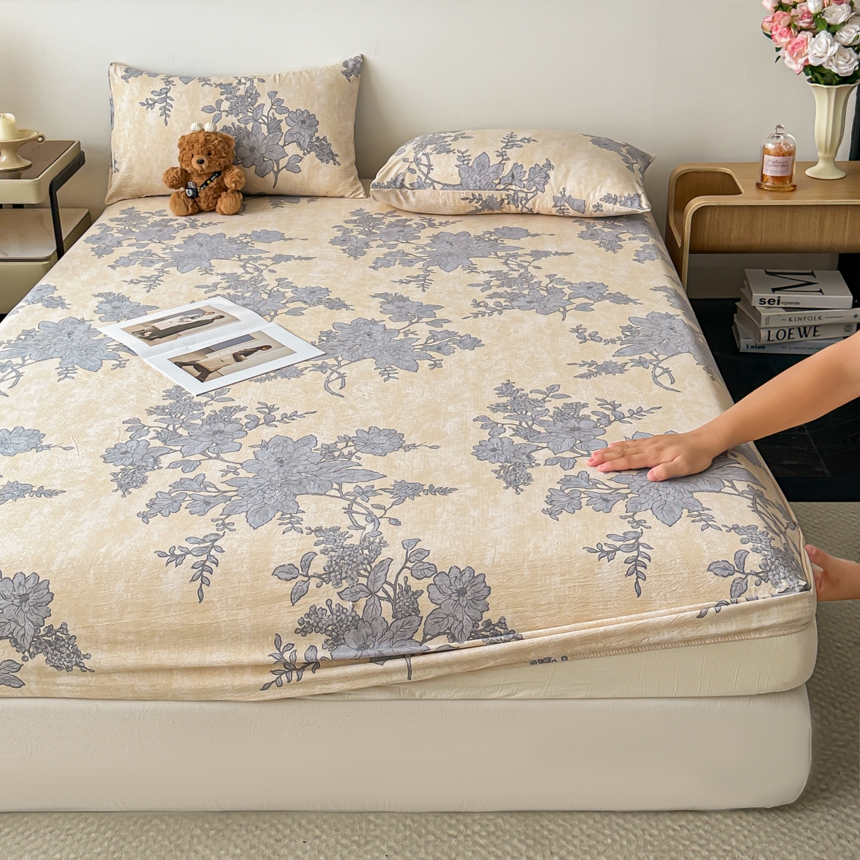 91家纺网 家纺一手货源 找家纺 梦嘉居 2025新款加厚亚麻皱皱纱床笠单床笠枕套床笠单品 兰亭序